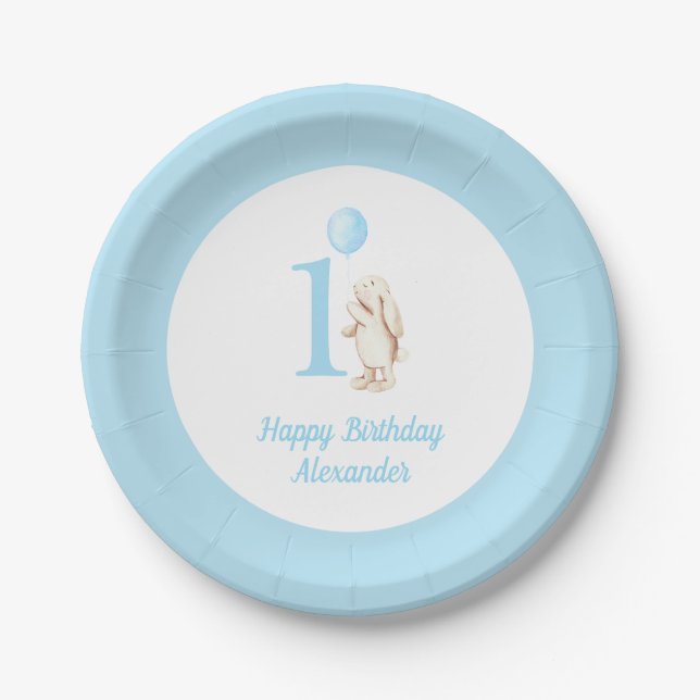 Cute Bunny & Balloon Blue Happy Birthday 1st Paper Plate (Front)