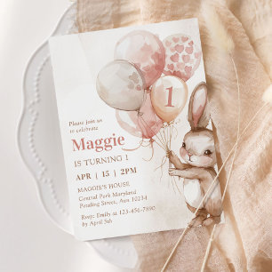 Cute Bunny Balloon Easter Spring 1st Birthday Invitation