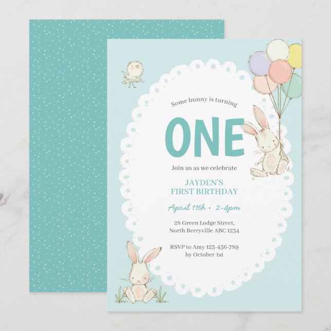 Cute Bunny Balloons Birthday Invitation (Front/Back)