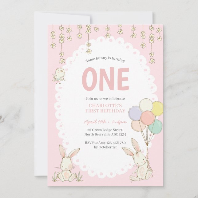 Cute Bunny Balloons Birthday Invitation (Front)