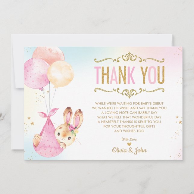 Cute Bunny Balloons Girl Baby Shower Sprinkle Thank You Card (Front)