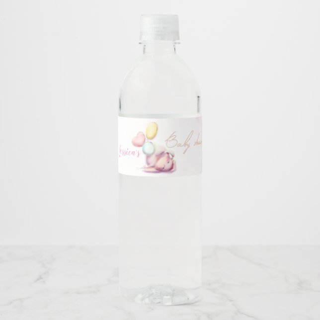 Cute Bunny Balloons Pink and gold Baby Shower Water Bottle Label (Front)