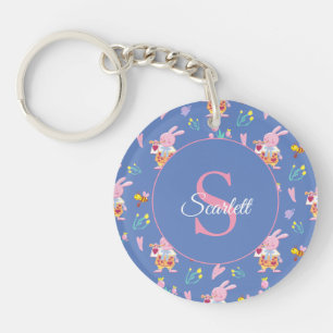 Cute bunny bee pattern Monogram Name blue Key Ring