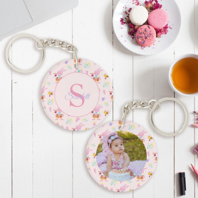 Cute Bunny Bee Pattern Monogram Name Pink  Key Ring (Creator Uploaded)