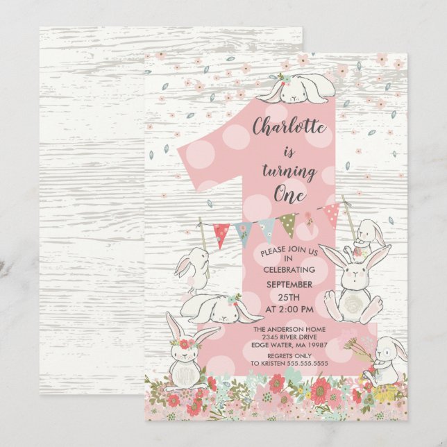 Cute Bunny Big One Girls Birthday Invitation (Front/Back)