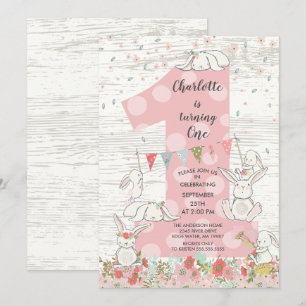 Cute Bunny Big One Girls Birthday Invitation