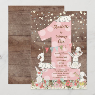Cute Bunny Big One Girls Birthday Invitation