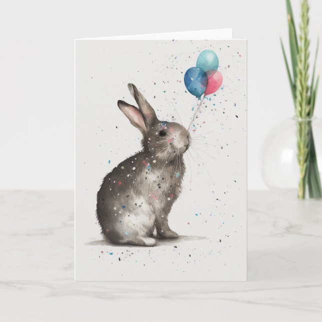 Cute Bunny Birthday Balloons Folded Greeting Card (Front)