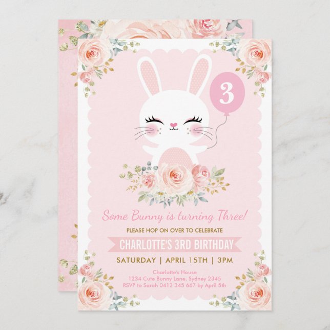 Cute Bunny Birthday Blush Pink Rose Rabbit Invitation (Front/Back)