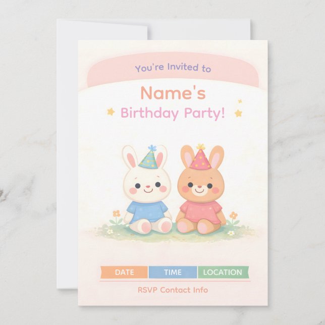 Cute Bunny Birthday Invitation | Pastel Kids Birth (Front)