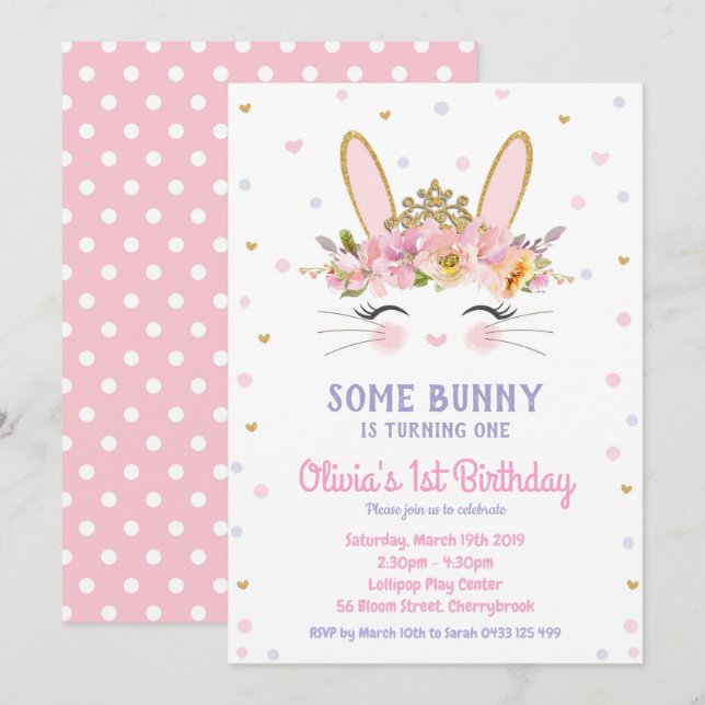 Cute Bunny Birthday Invitations Girls Rabbit (Front/Back)