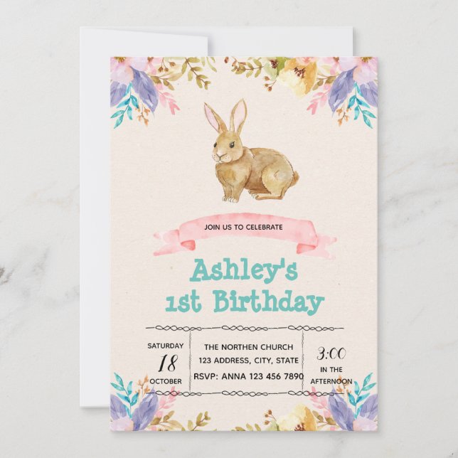 Cute bunny birthday party invitation (Front)