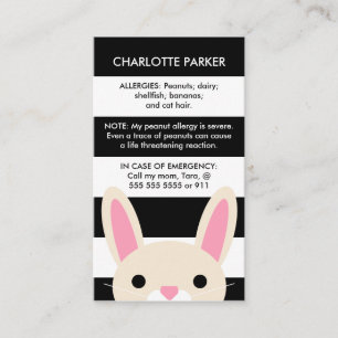 Cute Bunny Black Stripes Kids Allergy Card
