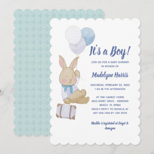 Cute Bunny Blue Balloons Its a Boy Baby Shower Invitation