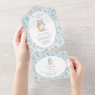 Cute Bunny, Blue Bow, Blue Flowers, First Birthday All In One Invitation