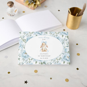 Cute Bunny, Blue Bow, Blue Flowers, First Birthday Guest Book