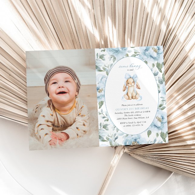 Cute Bunny, Blue Bow, Blue Flowers, First Birthday Invitation (Creator Uploaded)