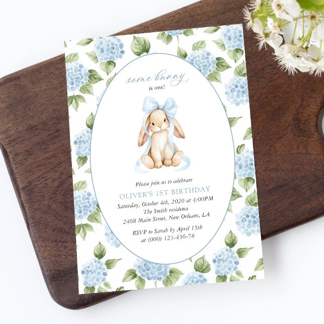 Cute Bunny, Blue Bow, Blue Flowers, First Birthday Invitation (Creator Uploaded)