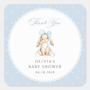 Cute Bunny, Blue Bow, Blue Polka Dots, Baby Shower Square Sticker