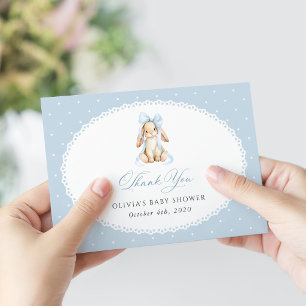 Cute Bunny, Blue Bow, Blue Polka Dots, Baby Shower Thank You Card