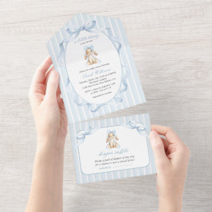Cute Bunny, Blue Bow, Blue Stripes, Baby Shower All In One Invitation