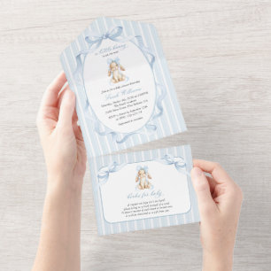 Cute Bunny, Blue Bow, Blue Stripes, Baby Shower All In One Invitation