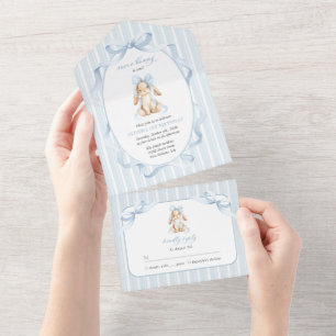 Cute Bunny, Blue Bow, Blue Stripes, First Birthday All In One Invitation
