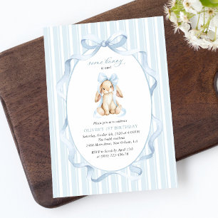 Cute Bunny, Blue Bow, Blue Stripes, First Birthday Invitation