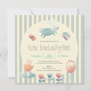 Cute Bunny blue & white striped Easter egg hunt   Invitation