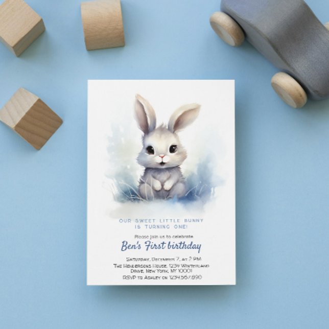 Cute Bunny Blue Winter Custom Birthday Party Invitation (Creator Uploaded)