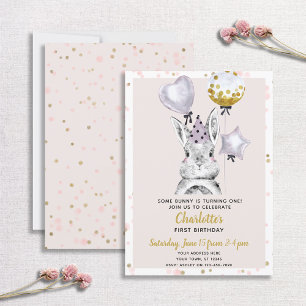 Cute Bunny Blush Pink Gold Confetti Girl Birthday Invitation