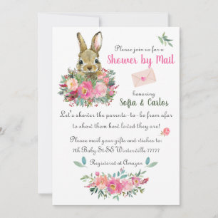 Cute Bunny Blush Roses Flowers Baby Shower by Mail Invitation