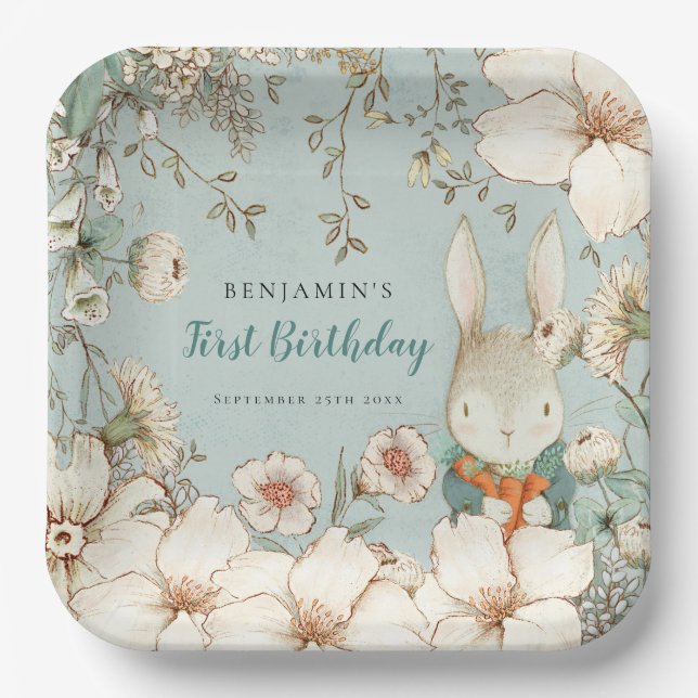 Cute Bunny Botanical Powder Blue First Birthday Paper Plate (Front)