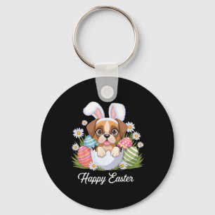 Cute Bunny Boxer Dog Floral Easter Eggs Bysket Dog Key Ring
