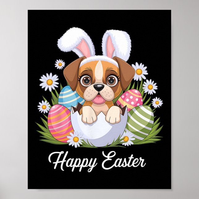Cute Bunny Boxer Dog Floral Easter Eggs Bysket Dog Poster (Front)