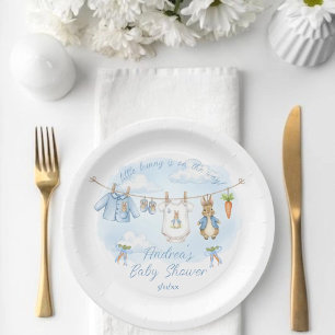 Cute Bunny Boy Clothesline Baby Shower Paper Plate