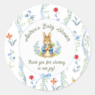 Cute Bunny Boy Floral Blue Bow Baby Shower  Classic Round Sticker