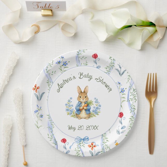 Cute Bunny Boy Floral Blue Bow Baby Shower  Paper Plate (Wedding)