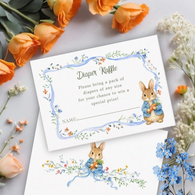 Cute Bunny Boy Floral Blue Bow Diaper Raffle Enclosure Card (Creator Uploaded)
