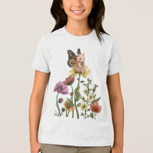 Cute Bunny Butterfly in Flower Garden Illustration Tri-Blend Shirt