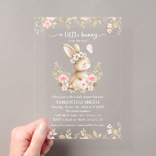 Cute Bunny, Butterfly, Pink Flowers, Baby Shower Acrylic Invitations