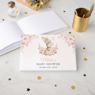 Cute Bunny, Butterfly, Pink Flowers, Baby Shower Guest Book
