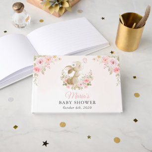 Cute Bunny, Butterfly, Pink Flowers, Baby Shower Guest Book
