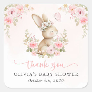 Cute Bunny, Butterfly, Pink Flowers, Baby Shower Square Sticker