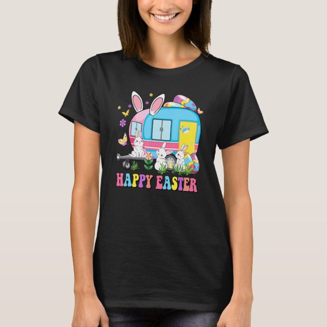 Cute Bunny Camping Car With Easter Eggs Camper Hap T-Shirt (Front)