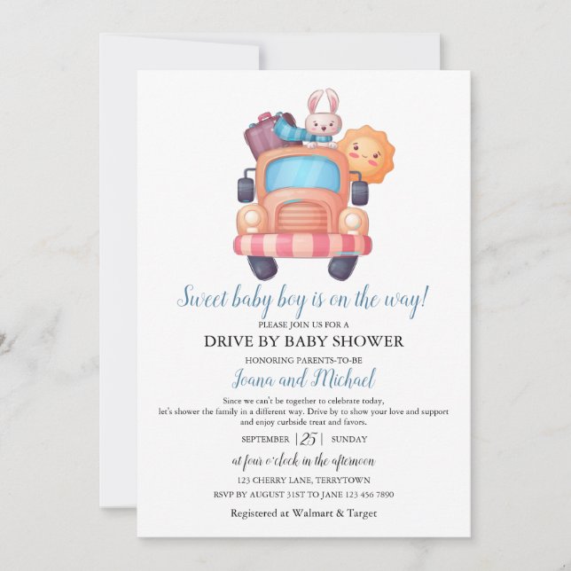 Cute Bunny & Car Drive-By Baby Shower for Boy Invitation (Front)