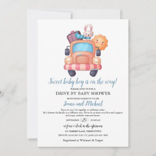 Cute Bunny & Car Drive-By Baby Shower for Boy Invitation