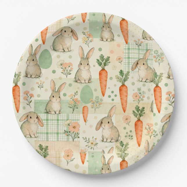 Cute Bunny & Carrot Cottage Pattern (1) Paper Plate (Front)