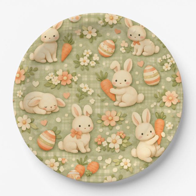 Cute Bunny & Carrot Cottage Pattern (2) Paper Plate (Front)