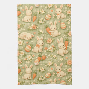 Cute Bunny & Carrot Cottage Pattern (2) Tea Towel